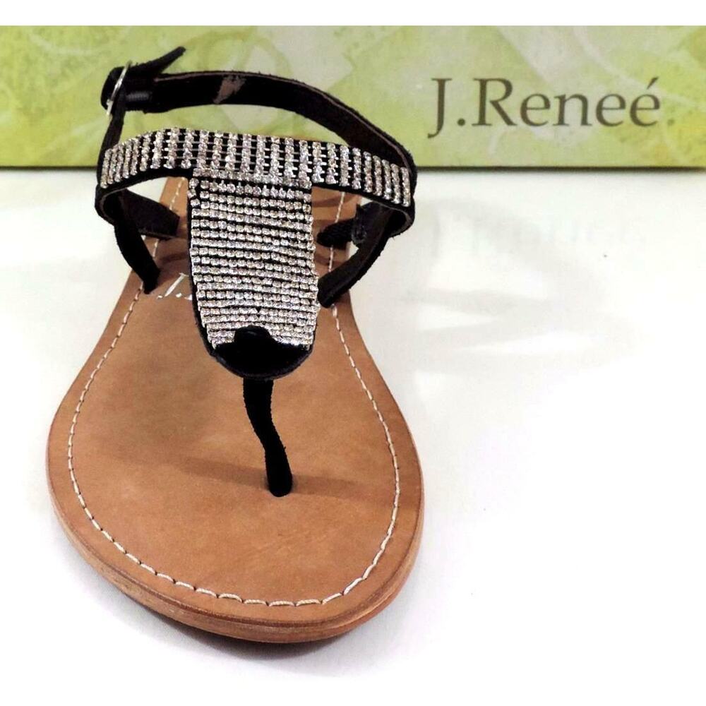 Women's J.Renee Stella Low Wedge T-Strap Sandals Rhinestone Suede Black Size 7.5 - Picture 5 of 9